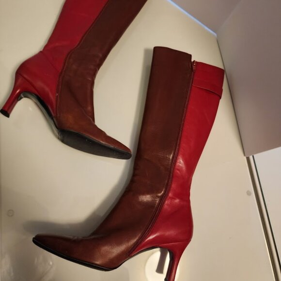 Salvatore Ferragamo Two-Tone Red & Brown Leather Heeled Boots - Picture 6 of 7